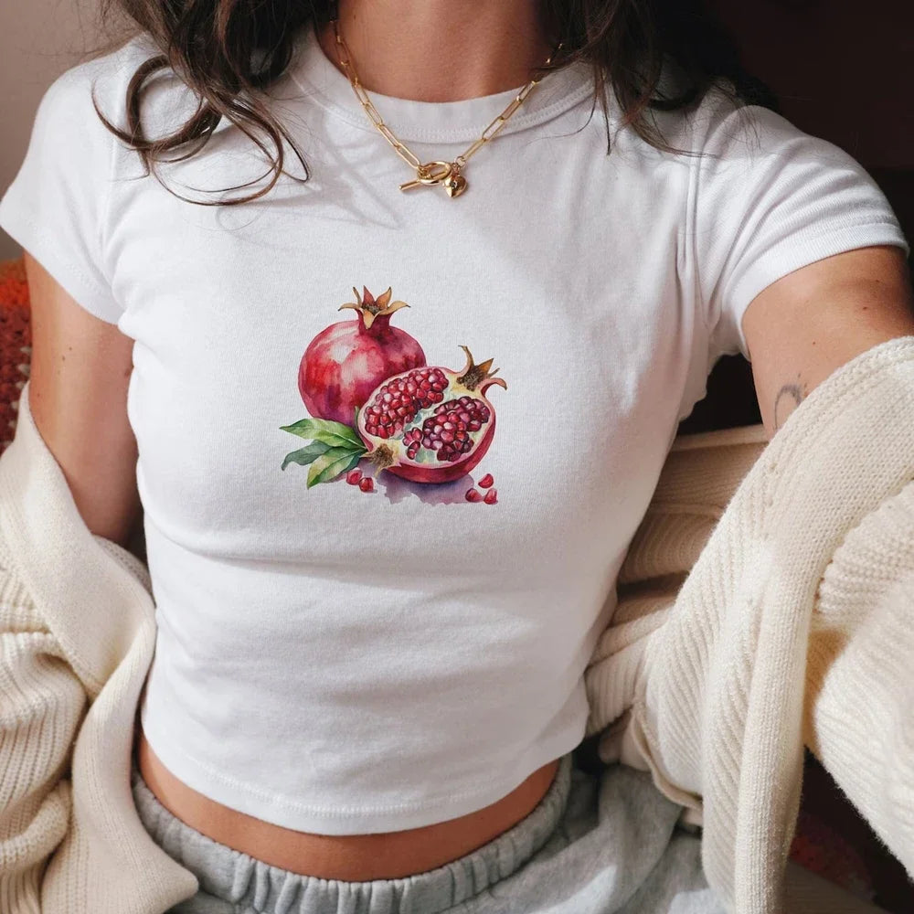 Cherry Fruit Print Crop Fit T-shirt