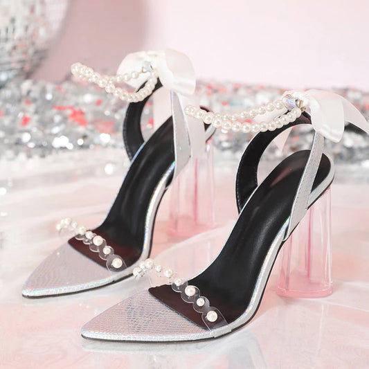White String Bead Ankle Strap Sandals with Transparent High Heels