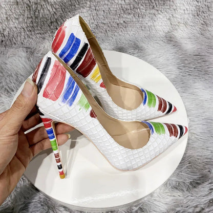 White Crocodile Effect Pointy Toe High Heel Party Shoes for Women