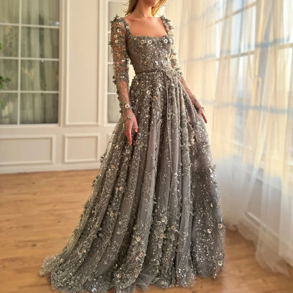 3D Floral A-Line Evening Gown Long Sleeves