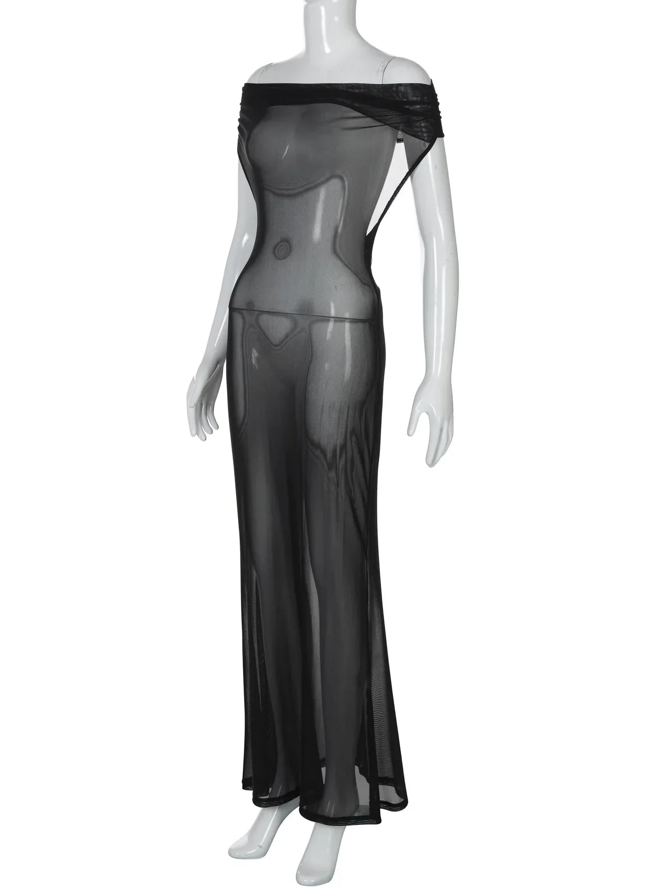 Black Patchwork Off-Shoulder Mesh Long Dress