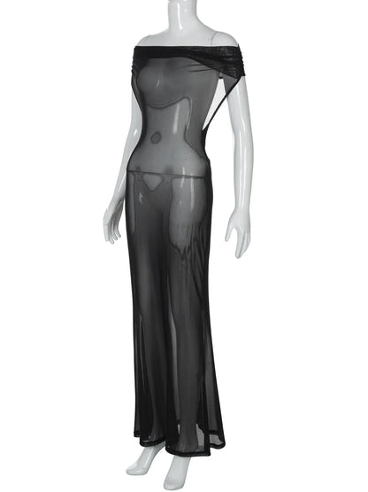 Black Patchwork Off-Shoulder Mesh Long Dress