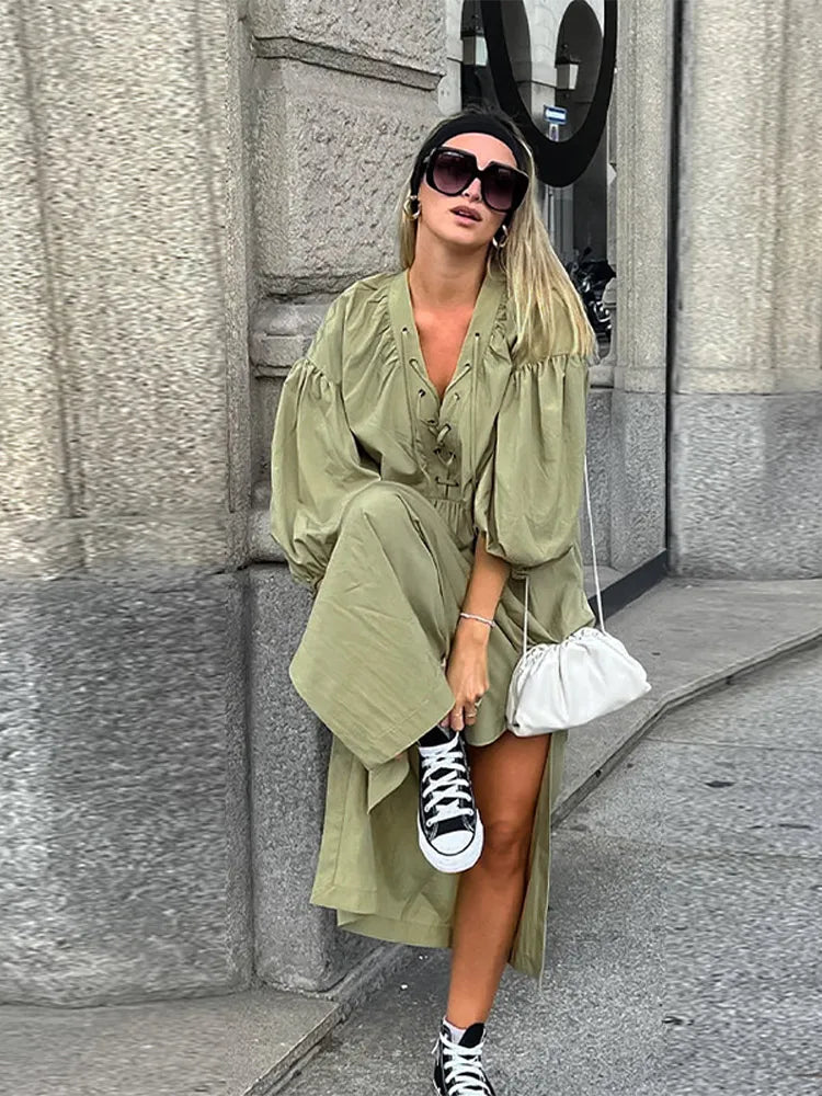 Lace Up V-Neck Balloon Sleeve Side Slit Maxi Dress