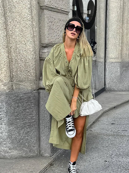 Lace Up V-Neck Balloon Sleeve Side Slit Maxi Dress
