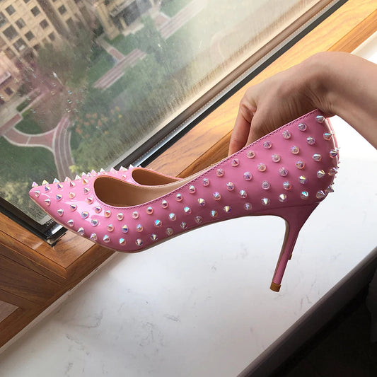 Pink Patent Pointy Toe High Heels Shoes with Crystal Spikes for Women