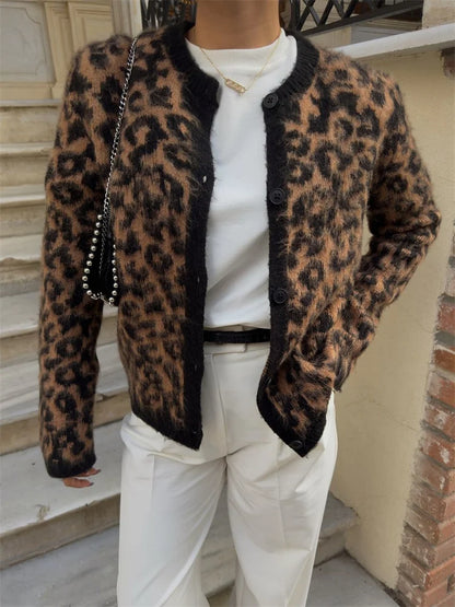 Leopard Contrast Knit Cardigan Coat