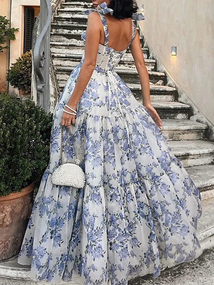 Backless Fit Flare Maxi Floral Dress