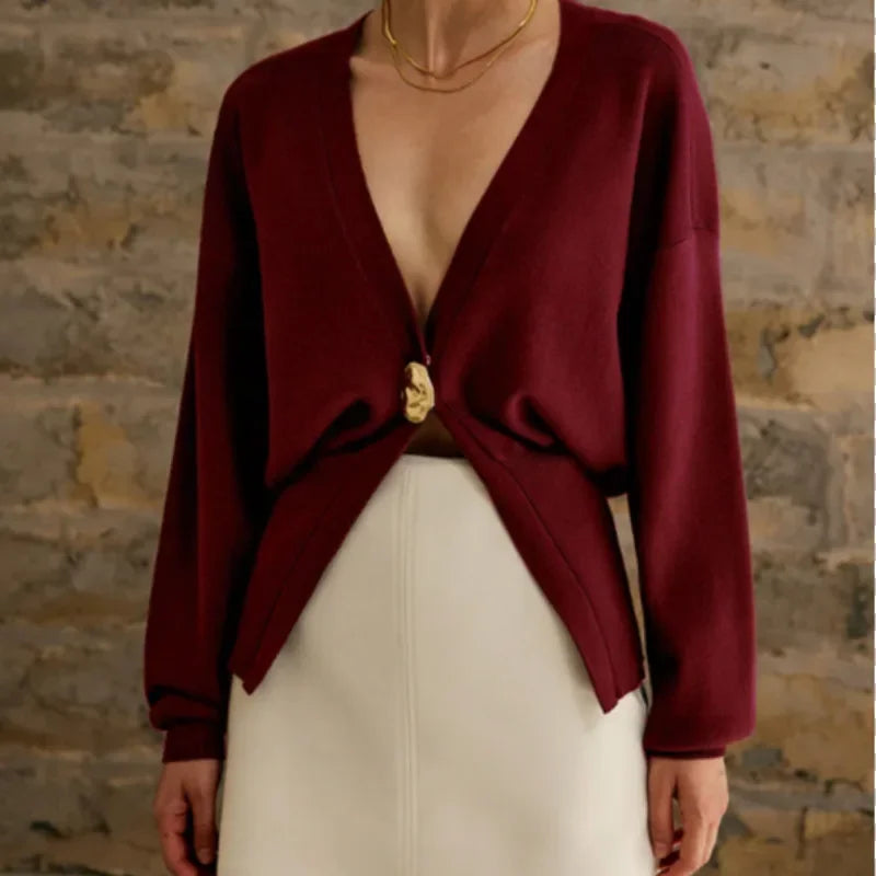 Lantern Sleeve V-neck Button Cardigan
