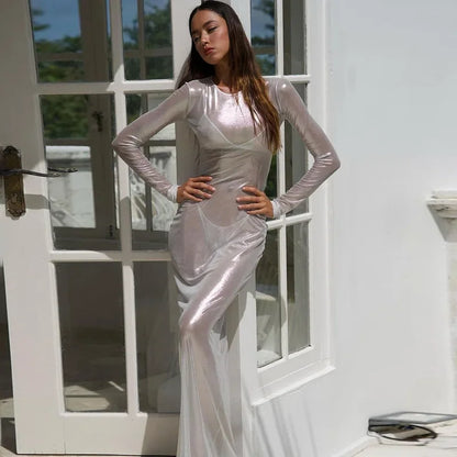 O-neck Full Sleeve Solid Color Mesh Dress