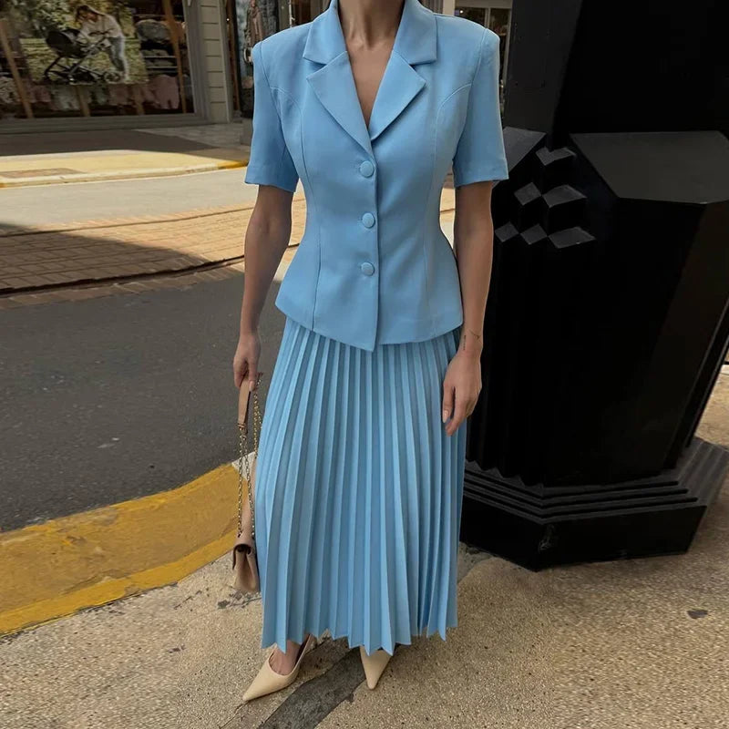 Button Lapel Pleated Skirt Coat