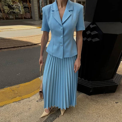 Button Lapel Pleated Skirt Coat
