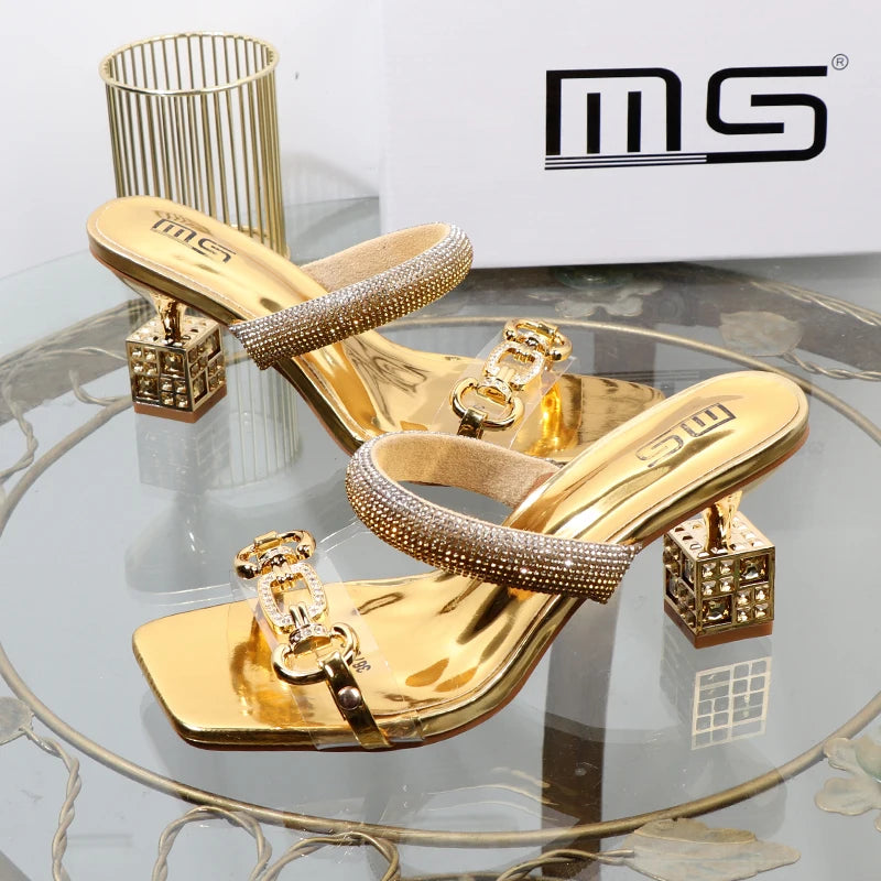 Transparent belt with metal decoration and box-shaped square Alien heel high heels