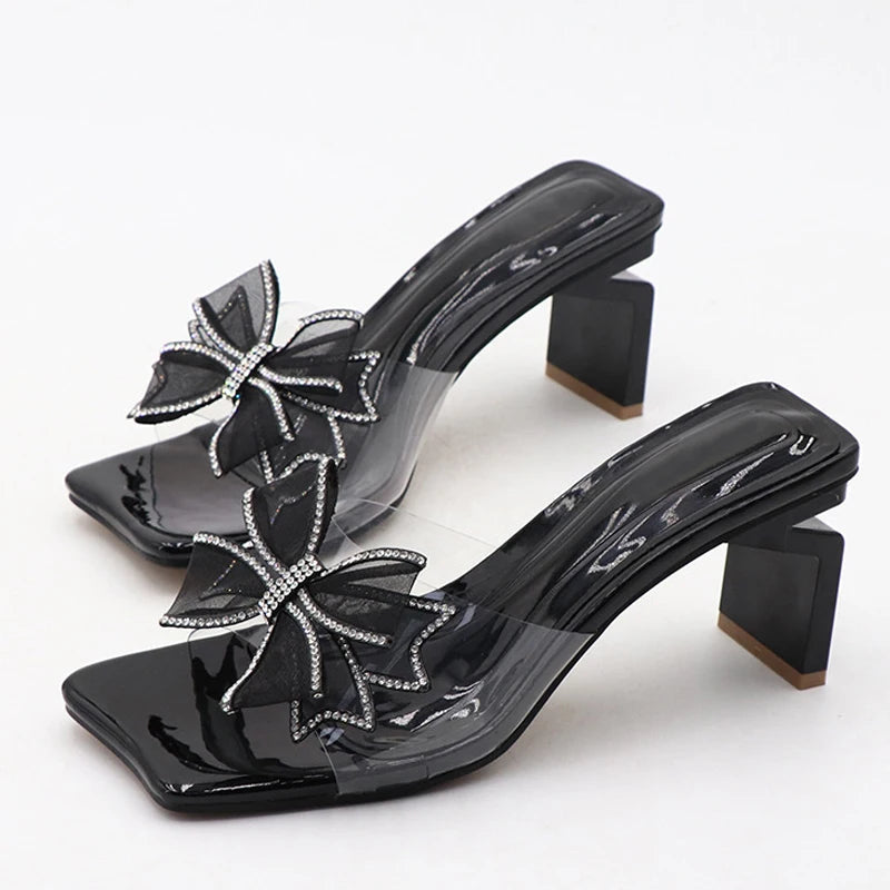 Green Transparent Low Square Heel Women's Slippers
