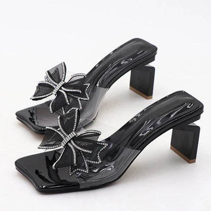 Green Transparent Low Square Heel Women's Slippers