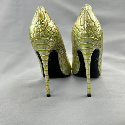 Green Gold Crocodile Effect Pointy Toe High Heel Shoes for Women