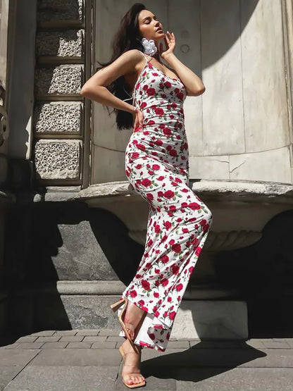 New Fashion Sleeveless Bodycon Floral Dresses High Street Sexy Woman Clothes Spaghetti Strap Slim Vacation Party Long Dress