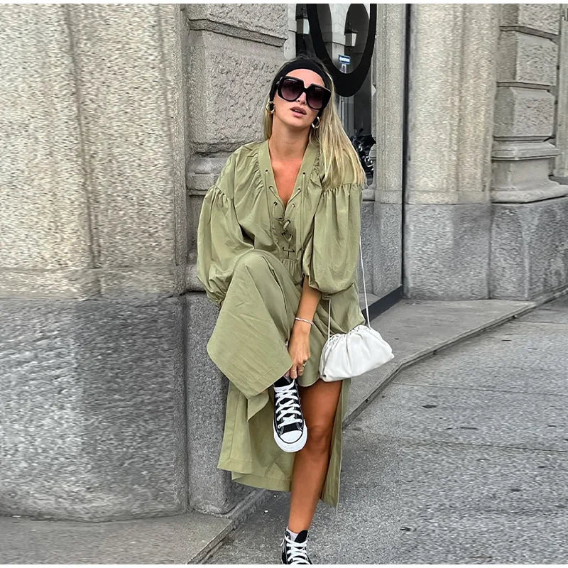 Lace Up V-Neck Balloon Sleeve Side Slit Maxi Dress