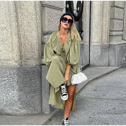 Lace Up V-Neck Balloon Sleeve Side Slit Maxi Dress
