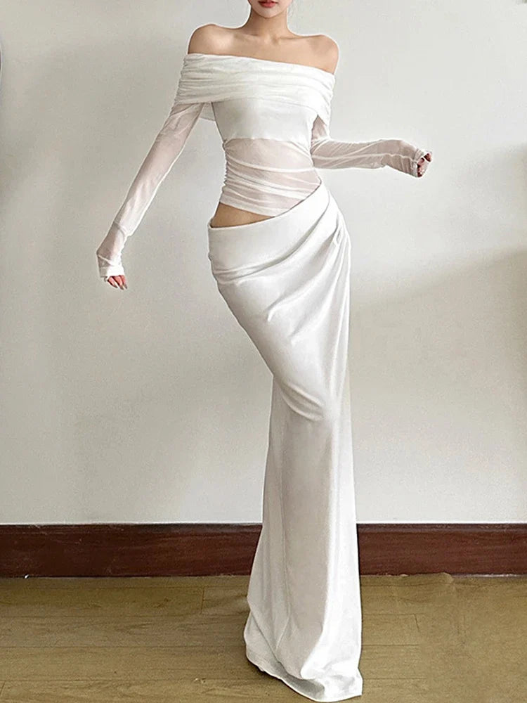 Mesh Patchwork Ruched Slash Party Dress