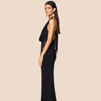 Halter Black Lace Off-shoulder Long Dress