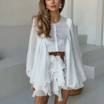 Pleated Ruffle Long Sleeve Mini Dress