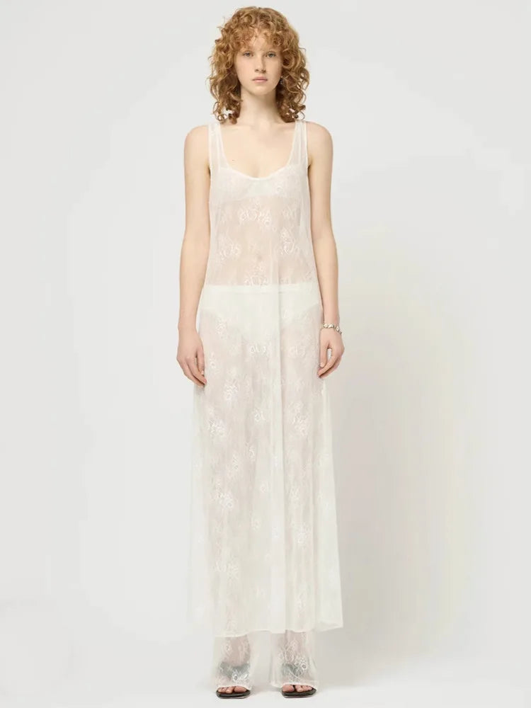 See Through Lace Hollow Out U Neck Sleeveless Vacation Dress