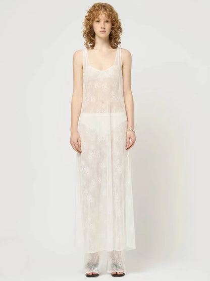 See Through Lace Hollow Out U Neck Sleeveless Vacation Dress