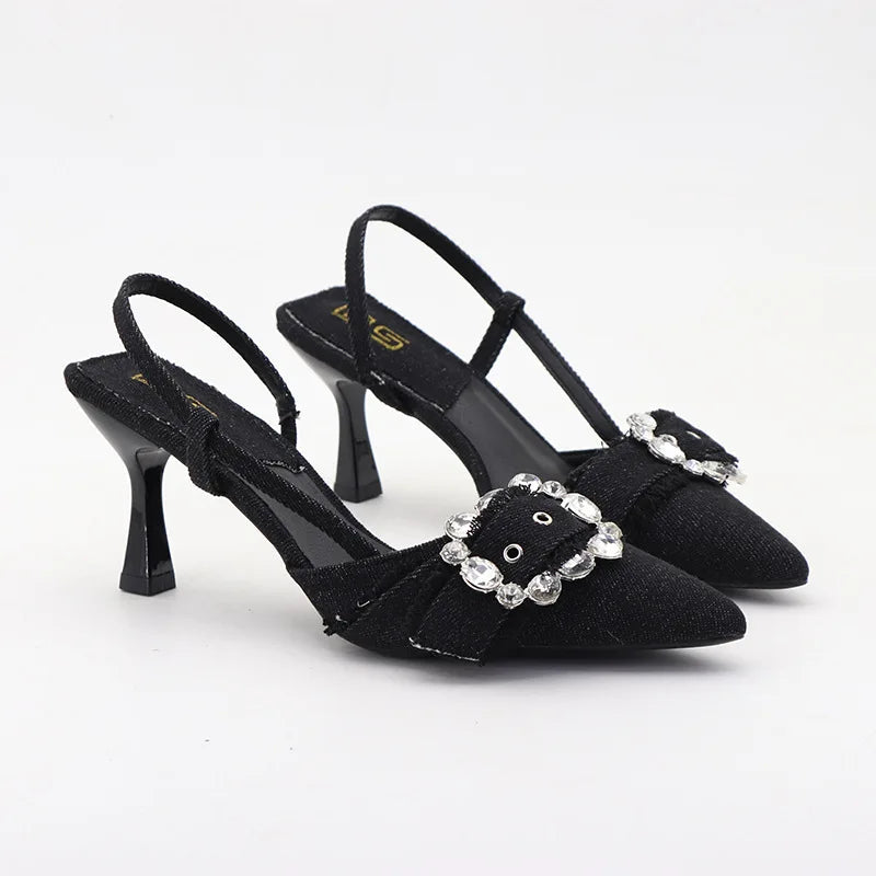 High-heeled denim sandals with rhinestone square buckle for autumn