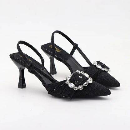 High-heeled denim sandals with rhinestone square buckle for autumn