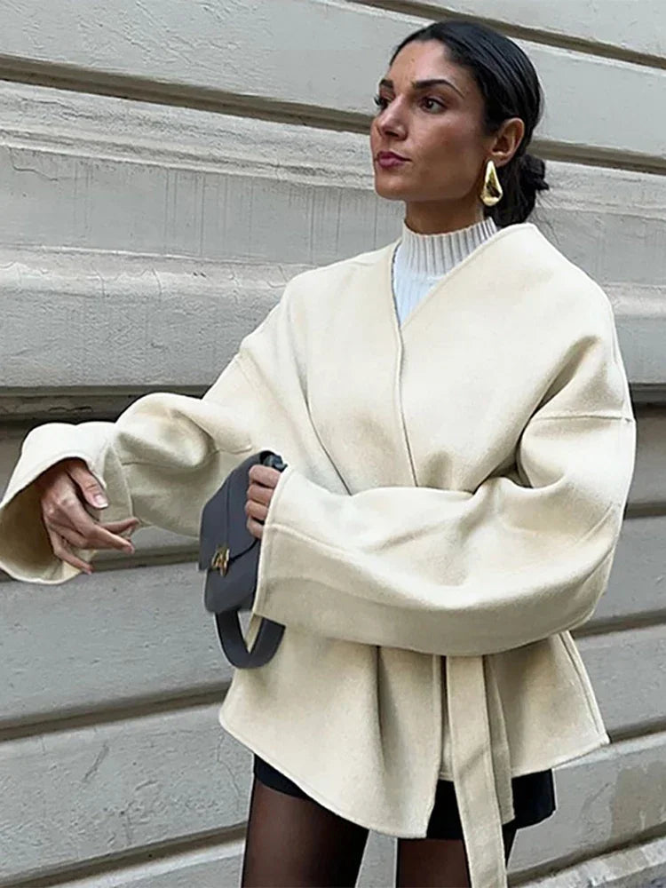 Elegant Lace Up Coat For Women V-neck Long Sleeve Slim Jacket Cardigan 2025 Autumn Winter Lady Streetwear Outwear New In Coats