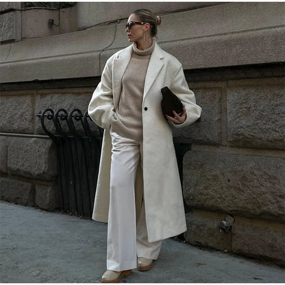 Casual Gray Striped Women Long Coats Elegant Woolen Lapel Long Sleeve Back Split Loose Jackets Autumn Chic Street Outwears