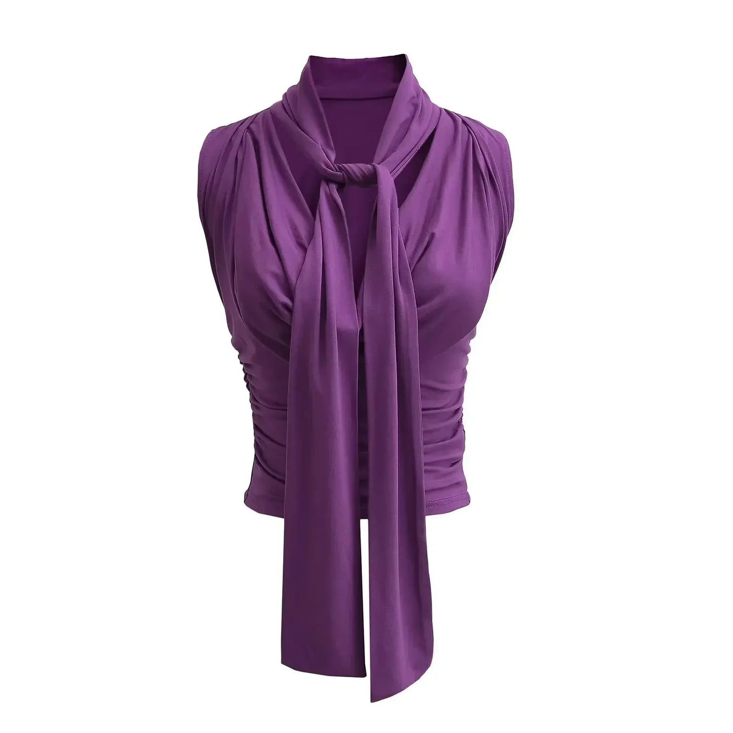 Women Sleeveless Tie Neck Plain Top JERSEY TOP WITH BOW Ruched V-neck Knot Detail Tank Top
