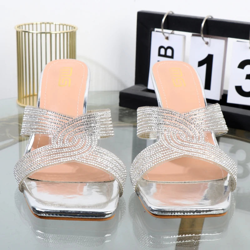 Open Toe Rhinestone Drag Slippers with Thin Heels