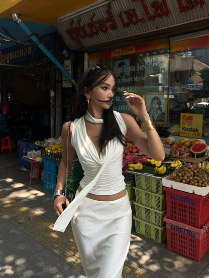 Women Sleeveless Tie Neck Plain Top JERSEY TOP WITH BOW Ruched V-neck Knot Detail Tank Top