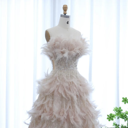Feathers Princess Ball Gown Cream Evening Dress