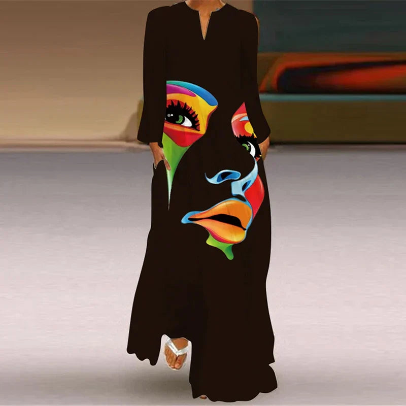 Abstract Face Print Long Sleeve V-Neck Side Pocket Maxi Dress