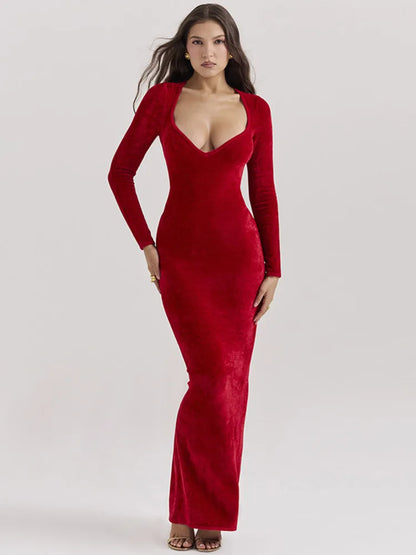Velvet Long Sleeve V Neck Bodycon Dress