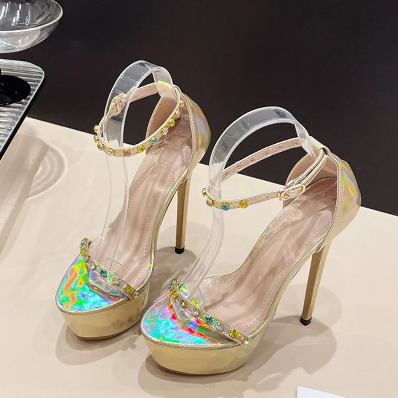 Summer Fashion Color Diamond Rivet Ankle Strap Platform High Heels for Women