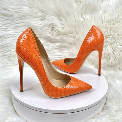 Orange Crocodile Effect Women Pointy Toe High Heel Shoes