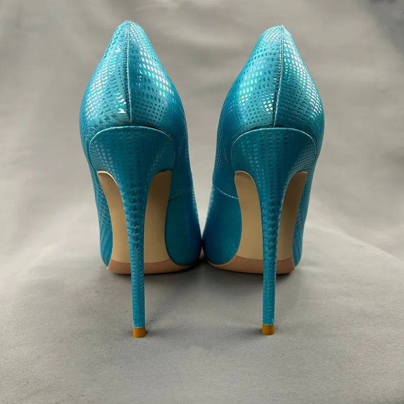 Green Blue Snakeskin Slip On High Heel Shoes for Women
