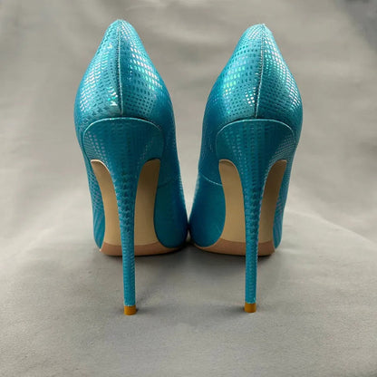 Green Blue Snakeskin Slip On High Heel Shoes for Women