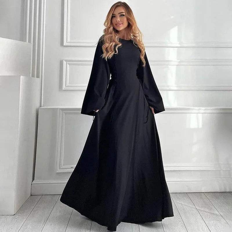 Ribbed Solid Lace-up Long Sleeve Dress