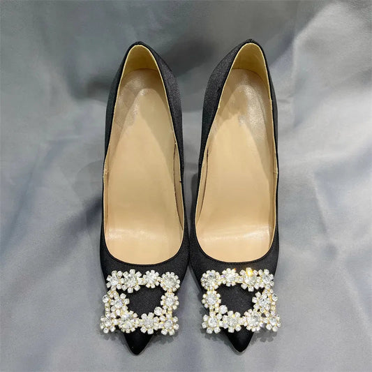 Black Satin Pointy Toe High Heel Shoes with Glitter Diamante Square Detail
