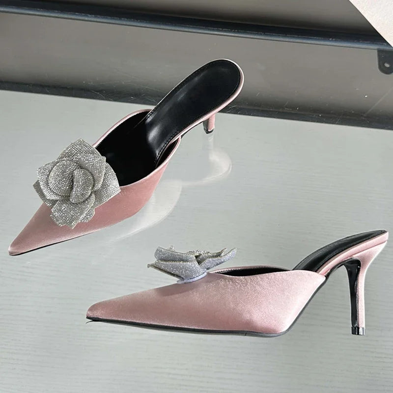 CRYSTAL Flower Silk Pointed Toe Slippers for Women