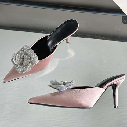 CRYSTAL Flower Silk Pointed Toe Slippers for Women