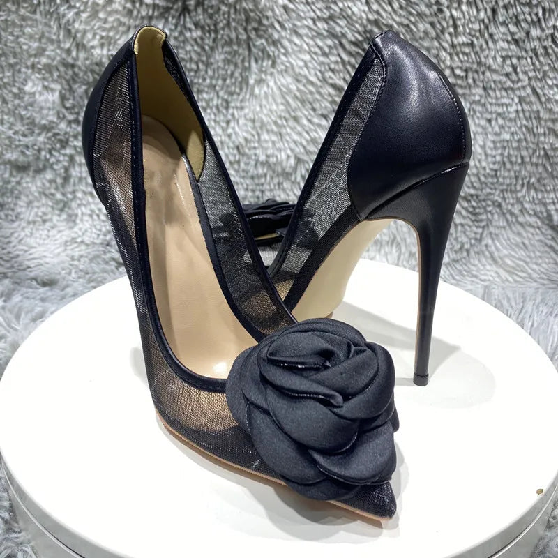 Black Stiletto Pumps with Big Rose Flowers