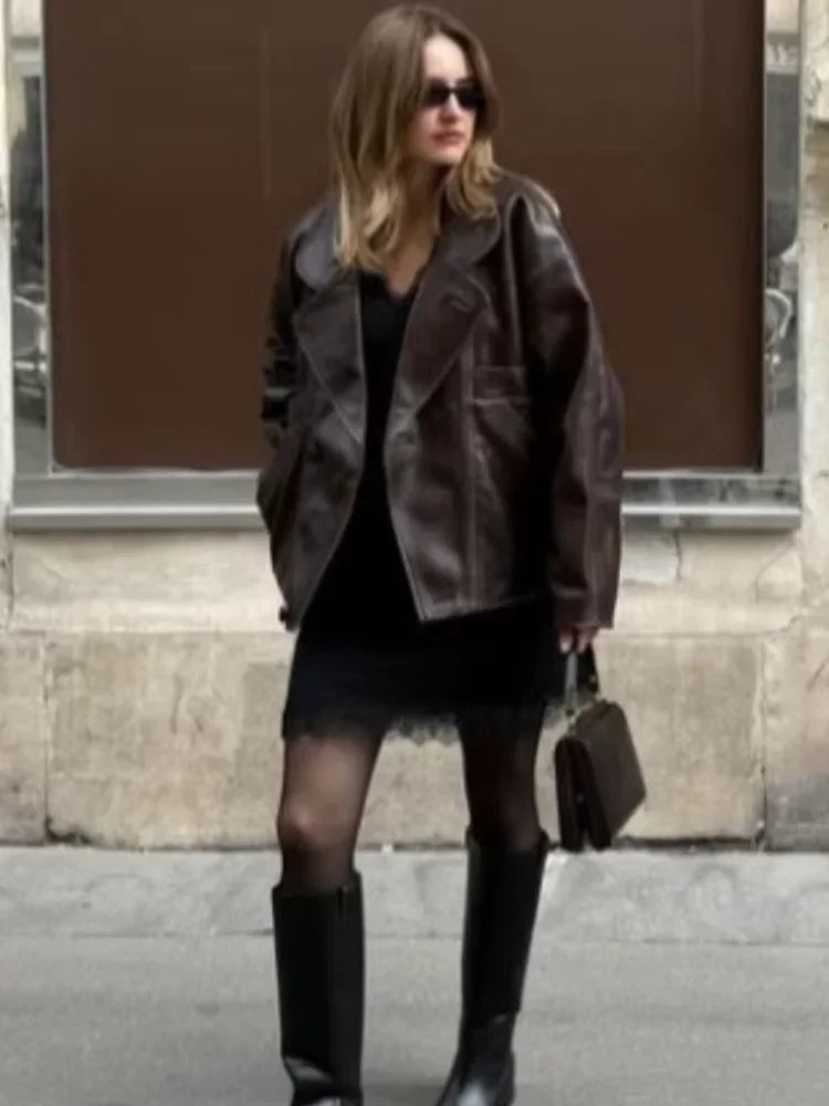 Burgundy Faux Leather Pocket Coat