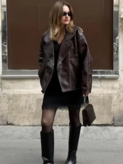 Burgundy Faux Leather Pocket Coat
