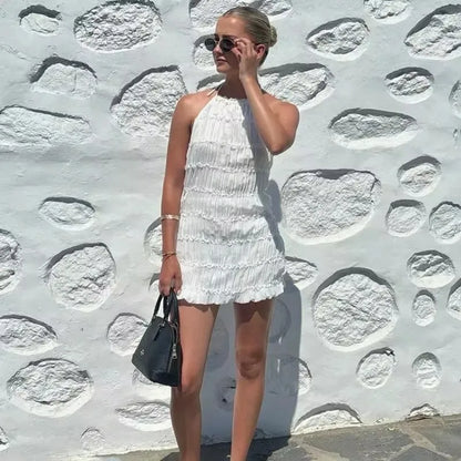 Lace Up Halter Pleated Hip Mini Dress