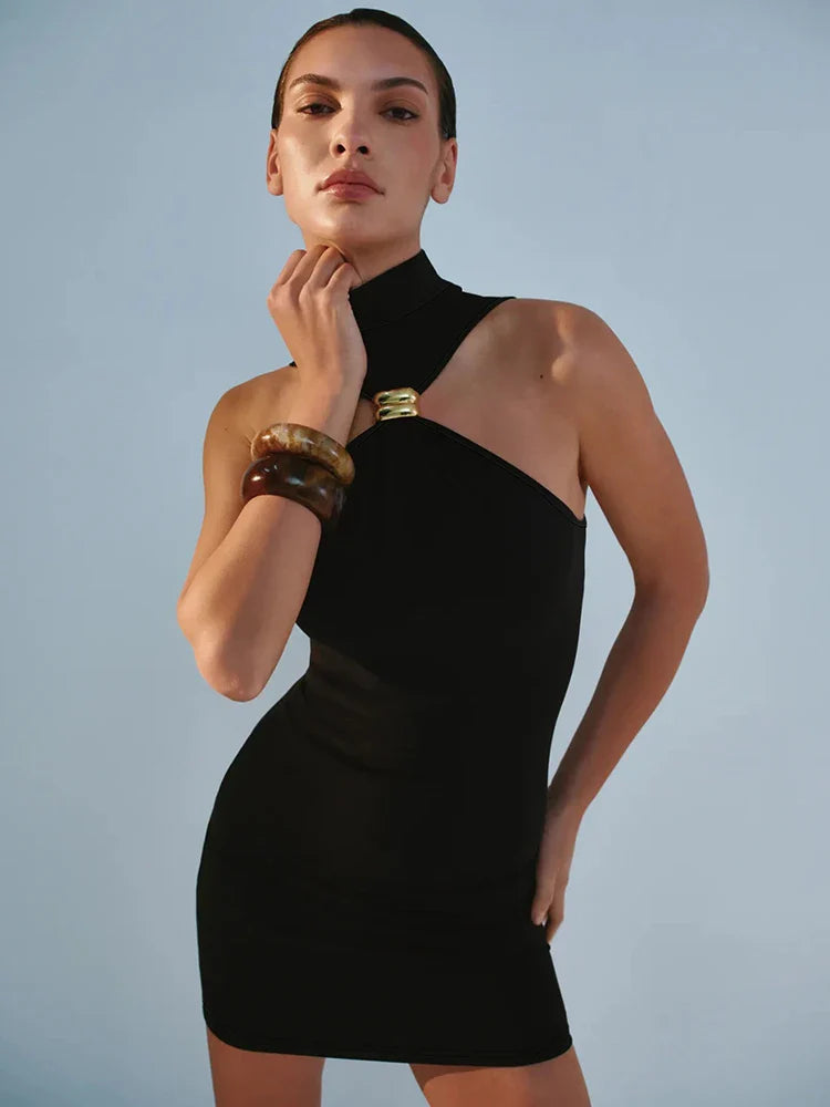 Turtleneck Metal Off Shoulder Mini Dress
